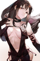 Rule 34 | 1girl, bare shoulders, black dress, black gloves, blazpu, blush, breasts, brown eyes, brown hair, center opening, choker, collarbone, dress, earrings, elbow gloves, fate/grand order, fate (series), gloves, highres, jewelry, long hair, looking at viewer, medium breasts, navel, ribbon-trimmed dress, solo, yu mei-ren (fate)