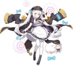 Rule 34 | 1girl, apron, ark order, artist request, black bow, black dress, black footwear, black hat, blue bow, blue eyes, boots, bow, bowtie, coat, coat on shoulders, dress, epaulettes, food, gloves, hat, heterochromia, holding, holding clothes, holding hat, kagura gumi, kagura mea, kamaboko, long hair, maid, military hat, narutomaki, official art, pantyhose, puffy short sleeves, puffy sleeves, sheep, short sleeves, smile, smirk, solo, tachi-e, transparent background, twintails, very long hair, virtual youtuber, white gloves, white pantyhose, yellow eyes