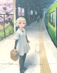 Rule 34 | 1girl, blonde hair, cherry blossoms, lowres, original, pantyhose, smile, tactile paving, train station, weno, weno&#039;s blonde original character