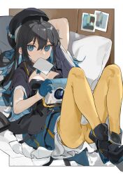 Rule 34 | 1girl, ahoge, ankle boots, arm behind head, arm up, beret, black dress, black footwear, black hair, black jacket, blue eyes, blue gloves, blue hair, boots, border, breasts, camera, cleavage, commentary, commission, dress, fara 83 (girls&#039; frontline), girls&#039; frontline, gloves, hair between eyes, half gloves, hat, highres, holding, holding camera, indoors, jacket, knees up, long hair, looking at viewer, medium breasts, multicolored hair, open clothes, open jacket, pantyhose, photo (object), pillow, short sleeves, sitting, skeb commission, solo, two-tone hair, yellow pantyhose, yuki hotaru