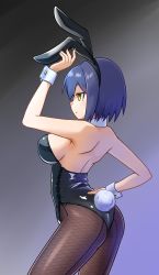 Rule 34 | 1girl, animal ears, arched back, arm behind back, backless leotard, bare arms, bare back, black leotard, blue hair, breasts, closed mouth, commentary request, cowboy shot, dot mouth, expressionless, fake animal ears, fake tail, goriate, gradient background, green eyes, hand on own hip, hand up, highleg, highleg leotard, highres, large breasts, legs apart, leotard, nijisanji, playboy bunny, pointy nose, rabbit tail, shizuka rin, short hair, sideboob, solo, strapless, strapless leotard, tail, virtual youtuber, wrist cuffs