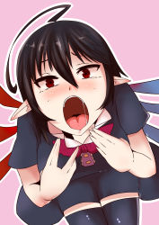 Rule 34 | 1girl, absurdres, ahoge, female focus, highres, houjuu nue, looking at viewer, open mouth, oral invitation, pointy ears, red eyes, simple background, solo, tenkomori (bug kura), thighhighs, tongue, touhou, uvula