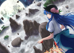 Rule 34 | 1girl, above clouds, aqua bow, back bow, black hat, blue hair, blue skirt, bow, cloud, commentary request, cowboy shot, dutch angle, floating rock, from behind, hat, highres, hinanawi tenshi, long hair, looking back, luke (kyeftss), moon, mountain, open mouth, peach hat ornament, peach tree, puffy short sleeves, puffy sleeves, red eyes, shirt, short sleeves, skirt, sky, smile, solo, star (sky), starry sky, sword of hisou, touhou, white shirt