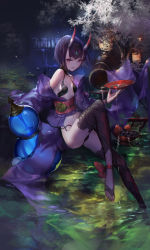 Rule 34 | 1girl, absurdres, black thighhighs, blush, bottle, breasts, cup, fate/grand order, fate (series), headpiece, highres, holding, holding cup, horns, japanese clothes, kimono, knee up, lantern, looking at viewer, obi, outdoors, paper lantern, parted lips, pond, purple eyes, purple hair, purple kimono, sakazuki, sake bottle, sash, short hair, shuten douji (fate), sidelocks, sitting, skin-covered horns, small breasts, smile, soaking feet, solo, swd3e2, thighhighs, toeless legwear, toes