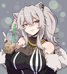 Rule 34 | 1girl, ahoge, aikohgin, animal ears, bare shoulders, black jacket, black nails, black shirt, breasts, bubble tea, cleavage, closed mouth, cup, disposable cup, dotted background, drinking straw, fingernails, fur-trimmed jacket, fur trim, grey background, grey eyes, highres, holding, holding cup, hololive, jacket, large breasts, lion ears, lips, long hair, looking at viewer, looking to the side, nail polish, see-through, see-through cleavage, shirt, shishiro botan, shishiro botan (1st costume), sidelocks, silver hair, smile, solo, ssrb (shishiro botan), striped clothes, striped shirt, torc, tsurime, two side up, upper body, vertical-striped clothes, vertical-striped shirt, virtual youtuber