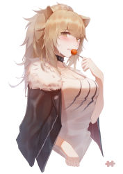 Rule 34 | 1girl, absurdres, animal ears, arknights, black choker, black jacket, blush, breasts, brown hair, candy, choker, cleavage, cropped torso, food, fur-trimmed jacket, fur trim, highres, holding, holding food, jacket, jacket on shoulders, large breasts, lion ears, lion girl, lollipop, long hair, looking at viewer, parted lips, ponytail, puzzle piece, saw272, siege (arknights), simple background, solo, studded choker, upper body, white background, yellow eyes