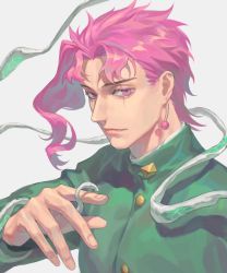 Rule 34 | 1boy, asymmetrical hair, chinese commentary, collared jacket, colored eyelashes, commentary request, earrings, from side, gakuran, green jacket, hand up, hierophant green, highres, jacket, jewelry, jojo no kimyou na bouken, kakyoin noriaki, long sleeves, looking at viewer, male focus, parted bangs, pink eyes, pink hair, portrait, realistic, scar, scar across eye, school uniform, short hair, simple background, solo, stand (jojo), stardust crusaders, white background, yuan di shaobing