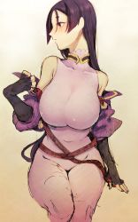 Rule 34 | 1girl, bare shoulders, blush, breasts, curvy, fate/grand order, fate (series), honda (obon), large breasts, long hair, looking to the side, minamoto no raikou (fate), purple eyes, purple hair, sitting, solo, very long hair