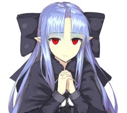 Rule 34 | 1girl, apo (apos2721), blue hair, bow, dress, hair bow, half updo, len (tsukihime), looking at viewer, melty blood, own hands together, pointy ears, red eyes, simple background, solo, tsukihime, white background