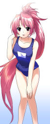 Rule 34 | 1girl, blush, collarbone, fire emblem, fire emblem: path of radiance, gradient background, hand on own knee, high ponytail, jill (fire emblem), knees together feet apart, long hair, looking at viewer, name tag, nintendo, old school swimsuit, one-piece swimsuit, pink eyes, pink hair, sakazaki toshina, school swimsuit, solo, swimsuit, very long hair
