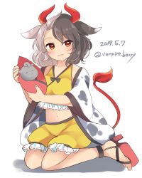 Rule 34 | 1girl, animal ears, animal print, black hair, commentary request, cow ears, cow girl, cow horns, cow print, cow tail, crop top, dated, frilled shorts, frills, grey hair, haori, highres, horns, japanese clothes, midriff, multicolored hair, navel, ougi hina, red eyes, red horns, red tail, sandals, shorts, signature, simple background, split-color hair, statue, tail, tank top, touhou, two-tone hair, ushizaki urumi, white background, yellow shorts, yellow tank top