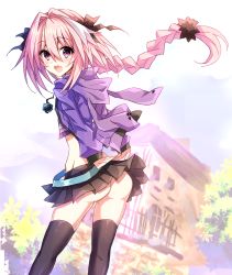 Rule 34 | 1boy, ass, astolfo (fate), black thighhighs, blush, braid, casual, fang, fate/apocrypha, fate/grand order, fate (series), hair intakes, hair ribbon, highres, long hair, looking at viewer, male focus, miniskirt, no panties, open mouth, pink hair, purple eyes, ribbon, risei jouhatsushita ponco, shiny clothes, shiny skin, single braid, skirt, smile, solo, thighhighs, trap