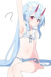 Rule 34 | 1girl, ?, absurdres, arm support, arm up, armpits, bikini, blue archive, blue bikini, blue hair, blush, breasts, chise (blue archive), chise (swimsuit) (blue archive), closed mouth, commentary request, feet out of frame, flower, hagoonha, hair flower, hair ornament, highres, horns, invisible chair, leaning to the side, long hair, navel, official alternate costume, oni horns, pink eyes, red horns, sailor collar, shadow, side-tie bikini bottom, side ponytail, sidelocks, simple background, sitting, small breasts, solo, stomach, striped bikini, striped clothes, swimsuit, thighs, very long hair, white background, white sailor collar