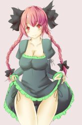 Rule 34 | 1girl, animal ears, bow, braid, cameltoe, cat ears, clothes lift, dress, dress lift, jyaoh0731, kaenbyou rin, lifting own clothes, panties, red eyes, red hair, side-tie panties, skirt, skirt lift, solo, touhou, twin braids, underwear
