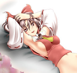 Rule 34 | 1girl, armpits, bow, breasts, brown hair, covered erect nipples, detached sleeves, female focus, hair bow, hakurei reimu, large breasts, lying, miki purasu, naughty face, navel, seductive smile, sideboob, smile, solo, tongue, tongue out, touhou, upper body