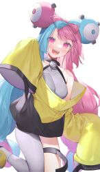 Rule 34 | 1girl, absurdres, bow-shaped hair, character hair ornament, creatures (company), game freak, grey pantyhose, hair ornament, highres, iono (pokemon), jacket, long hair, low-tied long hair, multicolored hair, nintendo, oversized clothes, pantyhose, pink eyes, pink hair, pokemon, pokemon sv, sharp teeth, simple background, single leg pantyhose, sleeves past fingers, sleeves past wrists, solo, teeth, twintails, two-tone hair, very long hair, very long sleeves, white background, x, yana mori, yellow jacket
