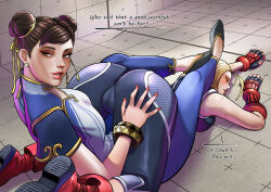 Rule 34 | 2girls, antenna hair, armored gloves, ass, black footwear, black pants, black sports bra, blonde hair, blue dress, blue leggings, blush, boots, brown eyes, brown hair, camel, cammy white, capcom, china dress, chinese clothes, chun-li, closed eyes, commentary, defeat, double bun, dress, earrings, english commentary, english text, eyeshadow, flats, hair bun, hand on another&#039;s ass, highres, jewelry, leggings, lips, makeup, multiple girls, on floor, pants, rankgo, red footwear, red nails, short hair, sports bra, street fighter, street fighter 6, stud earrings, thick thighs, thighs, top-down bottom-up, training room, yoga pants, yuri