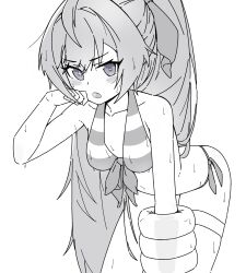 Rule 34 | 1girl, absurdres, bent over, bikini, blush, breasts, collarbone, girls&#039; frontline neural cloud, greyscale, hand on own face, hand up, highres, inflatable armbands, long hair, looking at viewer, max (neural cloud), medium breasts, mismatched pupils, monochrome, open mouth, ponytail, simple background, solo, spaceferret09, striped bikini, striped clothes, swimsuit, symbol-shaped pupils, thigh strap, very long hair, wet