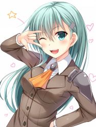 Rule 34 | 10s, 1girl, ;d, aqua eyes, aqua hair, ascot, blazer, blush, brooch, brown jacket, collared shirt, female focus, hair between eyes, hair ornament, hairclip, hand on own hip, heart, jacket, jewelry, kantai collection, long hair, long sleeves, looking at viewer, neck, noe noel, one eye closed, open mouth, round teeth, school uniform, shirt, shoulder pads, smile, solo, star (symbol), suzuya (kancolle), teeth, upper body, v over eye, white background, wink