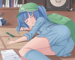 Rule 34 | 1girl, amane hasuhito, ass, backpack, bad id, bad pixiv id, bag, blue hair, contemporary, closed eyes, female focus, hair bobbles, hair ornament, hat, indoors, kawashiro nitori, lying, on side, ram, ram (computer), randoseru, short hair, sleeping, sleeves rolled up, soldering iron, solo, touhou, twintails, two side up