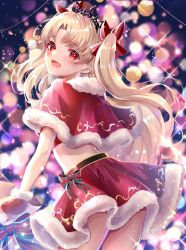 Rule 34 | 1girl, black headwear, blonde hair, blurry, bokeh, capelet, chiachun0621, christmas, commentary, cowboy shot, depth of field, ereshkigal (fate), fate/grand order, fate (series), from behind, fur-trimmed capelet, fur-trimmed skirt, fur trim, gloves, hair ribbon, highres, holding, holding sack, leaning forward, light particles, long hair, looking at viewer, looking away, midriff, miniskirt, open mouth, parted bangs, red capelet, red eyes, red gloves, red ribbon, red skirt, ribbon, sack, santa costume, santa gloves, skirt, smile, solo, sparkle, standing, tiara, twintails