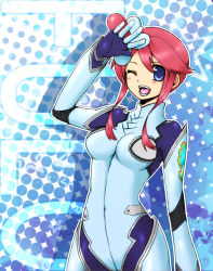 Rule 34 | 1girl, aji paba, bad id, bad pixiv id, blue eyes, breasts, character name, code geass, creatures (company), english text, engrish text, game freak, gym leader, medium breasts, nintendo, one eye closed, open mouth, parody, pilot suit, pokemon, pokemon bw, ranguage, red hair, skyla (pokemon), solo, wink