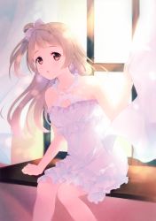 Rule 34 | 10s, 1girl, absurdres, bow, breasts, brown eyes, brown hair, cleavage, collarbone, dress, hair bow, highres, indoors, long hair, love live!, love live! school idol project, medium breasts, minami kotori, ousaka nozomi, sitting, solo, white dress