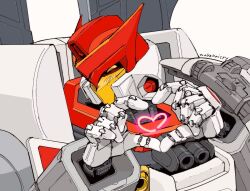 Rule 34 | ^ ^, autobot, closed eyes, head tilt, heart, heart hands, jetfire, looking at viewer, mecha, no humans, portrait, robot, science fiction, solo, transformers, transformers armada, white background, yakui (makenaicry)