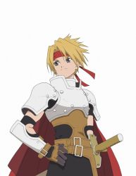 Rule 34 | 1boy, armor, artist request, belt, blonde hair, brown eyes, cape, cress albane, gloves, hand on own hip, headband, male focus, official art, scabbard, sheath, solo, tales of (series), tales of phantasia, white background