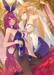 Rule 34 | 2girls, animal ears, armpits, artoria pendragon (all), artoria pendragon (fate), artoria pendragon (swimsuit ruler) (fate), bare shoulders, blonde hair, blue neckwear, blue pantyhose, blush, bow, bowtie, braid, breasts, bridal garter, brown legwear, cleavage, clothing cutout, detached collar, detached sleeves, fake animal ears, fate/grand order, fate (series), feather boa, fishnet pantyhose, fishnets, french braid, gold trim, green eyes, highres, large breasts, leotard, long hair, looking at viewer, multiple girls, navel cutout, official alternate costume, ohland, open mouth, pantyhose, playboy bunny, ponytail, purple hair, purple leotard, rabbit ears, rabbit tail, red eyes, scathach (fate), scathach (piercing bunny) (fate), sidelocks, sparkle, tail, thigh strap, thighs, tiara, white leotard, wrist cuffs
