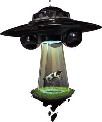 Rule 34 | abduction, alien t, animal focus, cow, floating, flying saucer, grass, highres, light, no humans, object focus, official art, reverse:1999, spacecraft, tachi-e, third-party source, transparent background, ufo