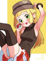Rule 34 | 1girl, arm up, armpits, blonde hair, blush, bracelet, breasts, brown hat, brown sweater vest, brown thighhighs, commentary request, cosplay, creatures (company), earrings, eyelashes, game freak, green eyes, hand up, hat, highres, holding, holding poke ball, jewelry, kinocopro, lillie (pokemon), long hair, medium breasts, nintendo, open mouth, poke ball, poke ball (basic), pokemon, pokemon (anime), pokemon journeys, pokemon sm (anime), red skirt, serena (pokemon) (cosplay), skirt, solo, sweater vest, thighhighs, yellow background