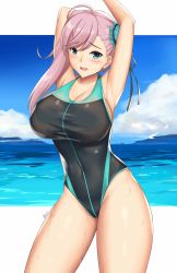 Rule 34 | 1girl, ahoge, arcie albano, armpits, arms behind head, arms up, beach, black one-piece swimsuit, blue eyes, blue one-piece swimsuit, blue sky, blush, breasts, bun cover, cleavage, collarbone, competition swimsuit, covered navel, cowboy shot, day, embarrassed, fate/grand order, fate (series), hair bun, hair ribbon, halterneck, highleg, highleg swimsuit, highres, large breasts, long hair, looking at viewer, miyamoto musashi (fate), miyamoto musashi (fate/grand order), miyamoto musashi (swimsuit berserker) (fate), miyamoto musashi (swimsuit berserker) (first ascension) (fate), mountainous horizon, ocean, one-piece swimsuit, open mouth, outdoors, outside border, pink hair, ribbon, single side bun, sky, smile, solo, standing, swept bangs, swimsuit, teeth, thighs, two-tone swimsuit, upper teeth only
