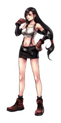Rule 34 | 1990s (style), 1girl, absurdres, armpits, belt, black hair, boots, brown eyes, collarbone, dissidia 012 final fantasy, dissidia final fantasy, earrings, final fantasy, final fantasy vii, fingerless gloves, full body, gloves, hand on own hip, highres, jewelry, long hair, looking away, low-tied long hair, midriff, miniskirt, navel, nomura tetsuya, official art, retro artstyle, skirt, smile, solo, standing, suspenders, tank top, tifa lockhart, transparent background