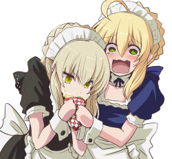 Rule 34 | 2girls, :o, alternate costume, antenna hair, apron, artoria pendragon (all), artoria pendragon (fate), black bow, blonde hair, blue bow, blush, bow, collarbone, crepe, detached collar, eating, enmaided, fate/grand order, fate/stay night, fate (series), food, food theft, frill trim, frills, fujitaka nasu, green eyes, grey hair, hair bow, headdress, maid, maid headdress, multiple girls, official alternate costume, open mouth, saber (fate), saber alter, short sleeves, simple background, teardrop, tearing up, tears, white background, yellow eyes