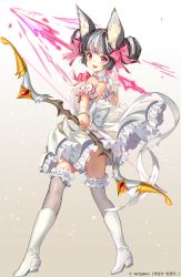Rule 34 | 1girl, :d, animal ear fluff, animal ears, arrow (projectile), bare shoulders, black hair, boots, bow (weapon), brown background, commentary request, copyright notice, copyright request, detached sleeves, double bun, dress, frilled dress, frilled thighhighs, frills, from behind, full body, gradient background, grey hair, grey thighhighs, hair bun, high heel boots, high heels, highres, holding, holding arrow, holding bow (weapon), holding weapon, looking at viewer, looking back, magical girl, mintchoco (orange shabette), multicolored hair, official art, open mouth, puffy short sleeves, puffy sleeves, purple eyes, short sleeves, smile, solo, teeth, thighhighs, thighhighs under boots, two-tone hair, upper teeth only, watermark, weapon, white background, white dress, white footwear