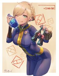 Rule 34 | 1girl, absurdres, blonde hair, blue jumpsuit, bottle, braid, english text, fallout (series), fallout 4, gesoking, highres, holding, holding bottle, jumpsuit, nuka cola, one eye closed, outside border, pip boy, signature, solo, thick thighs, thighs, tongue, tongue out, yellow eyes