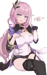 Rule 34 | 1girl, :d, black gloves, black legwear, black shorts, blue eyes, blush, breasts, cleavage, elysia (honkai impact), elysia (miss pink elf) (honkai impact), gloves, hair between eyes, hair ornament, highres, honkai (series), honkai impact 3rd, invisible chair, large breasts, ling yin jiang, long hair, looking at viewer, open mouth, pink hair, pointy ears, ponytail, shorts, simple background, single glove, sitting, smile, solo, white background