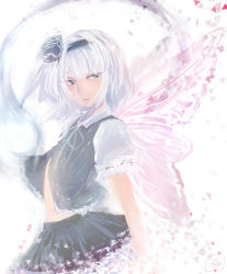 Rule 34 | 1girl, bad id, bad pixiv id, butterfly wings, collared shirt, cowboy shot, disintegration, frilled skirt, frills, from side, grey eyes, hairband, highres, insect wings, kasazaki ten, konpaku youmu, konpaku youmu (ghost), light smile, lips, looking to the side, nose, open clothes, open vest, ribbon, ribbon-trimmed sleeves, ribbon trim, shirt, short hair, short sleeves, signature, silver hair, skirt, solo, touhou, triangle, vest, white background, wings