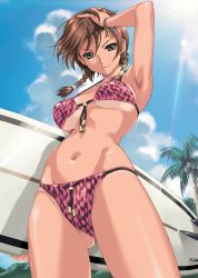 Rule 34 | 00s, 1girl, arm up, armpits, bikini, bikini tan, blue sky, bracelet, braid, breasts, breasts apart, brown hair, closed mouth, cloud, coconut, coconut tree, cowboy shot, day, dutch angle, female focus, from below, front-tie bikini top, front-tie top, game cg, gluteal fold, green eyes, groin, hair between eyes, hair over shoulder, hand on own head, happoubi jin, head tilt, highres, hip bones, hip focus, holding, holding behind back, holding surfboard, jewelry, kuouzumiaiginsusutakeizumonokamimeichoujin mika, large breasts, light rays, long hair, looking at viewer, looking down, navel, outdoors, palm tree, resort boin, short twintails, skindentation, sky, smile, solo, standing, stomach, sun, sunbeam, sunlight, surfboard, swimsuit, tan, tanline, thighs, tree, twin braids, twintails, underboob