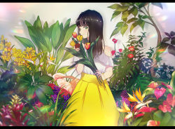Rule 34 | 1girl, against wall, bare arms, bare shoulders, bird of paradise flower, black hair, blunt bangs, blurry, blurry foreground, blush, branch, breasts, camellia, closed mouth, commentary, english commentary, fingernails, flower, flower request, frilled shirt, frills, green eyes, grey background, happy, holding, holding flower, kusaka kou, leaf, letterboxed, light rays, long hair, long skirt, looking away, medium breasts, off shoulder, orange flower, original, plant, purple flower, red flower, shadow, shirt, simple background, skirt, smile, solo, standing, sunbeam, sunlight, tulip, upper body, wall, white shirt, yellow flower, yellow skirt