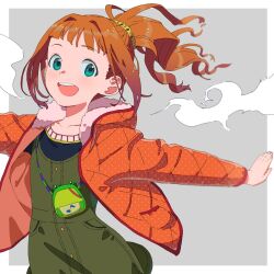 Rule 34 | 1girl, blush, breath, dress, green dress, green eyes, highres, idolmaster, idolmaster (classic), jacket, long hair, oda ya ka, open clothes, open jacket, open mouth, orange hair, outstretched arms, ponytail, smile, solo, spread arms, takatsuki yayoi, winter clothes