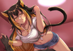Rule 34 | 1girl, animal ears, bare shoulders, black hair, blonde hair, blush, bracelet, breasts, cat ears, cat tail, ceiling light, character request, cleavage, closed mouth, clothes writing, collarbone, commentary request, cowboy shot, cutoffs, denim, denim shorts, fang, fang out, groin, hair between eyes, highres, holding hands, indie virtual youtuber, indoors, invisible man, jewelry, large breasts, looking at viewer, midriff, multicolored hair, navel, nekoyo chloe, see-through, shirt, short shorts, short sleeves, shorts, sidelocks, signature, slit pupils, smile, solo focus, standing, streaked hair, tail, takecha, tied shirt, two-tone hair, virtual youtuber, white shirt, yellow eyes