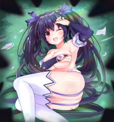 Rule 34 | 1girl, black hair, blush, breasts, collarbone, covering privates, covering breasts, giga-tera, hair between eyes, hair ornament, highres, long hair, looking at viewer, medium breasts, neptune (series), noire (neptunia), open mouth, red eyes, sidelocks, smile, solo, thighhighs, torn clothes, twintails, white thighhighs