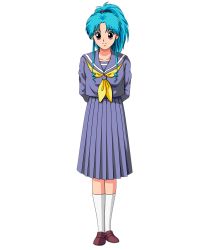 Rule 34 | 1girl, blue hair, botan (yu yu hakusho), highres, official art, purple eyes, school uniform, smile, yuu yuu hakusho