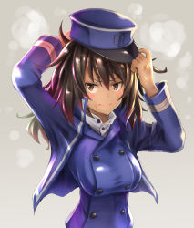 Rule 34 | 10s, 1girl, adjusting headwear, andou (girls und panzer), angry, asahi (fullmetal madness), bc freedom military uniform, beige background, black hair, blue jacket, blue vest, breasts, brown eyes, dark skin, dark-skinned female, dirty, dirty face, girls und panzer, high collar, jacket, large breasts, long hair, long sleeves, messy hair, shirt, solo, upper body, v-shaped eyebrows, vest, white shirt