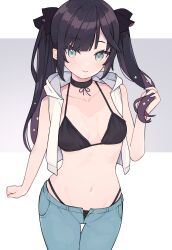 Rule 34 | 1girl, absurdres, alternate costume, bikini, black bikini, black choker, black hair, black ribbon, blue eyes, blue pants, breasts, choker, collarbone, commentary, contemporary, cropped hoodie, denim, genshin impact, hair ribbon, highres, hood, hoodie, jeans, long hair, looking at viewer, lucabassiart, medium breasts, mona (genshin impact), navel, open clothes, open hoodie, open pants, pants, ribbon, sleeveless, sleeveless hoodie, smile, solo, swimsuit, symbol-only commentary, twintails, white background, white hoodie