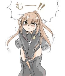 Rule 34 | 1girl, between legs, black sailor collar, black serafuku, black skirt, blush, brown eyes, brown hair, closed mouth, clothes pull, commentary request, crescent, crescent pin, crying, crying with eyes open, drum (container), flying sweatdrops, fumizuki (kancolle), hair between eyes, hand between legs, kantai collection, long hair, long sleeves, neckerchief, ponytail, poyo (hellmayuge), puffy cheeks, sailor collar, school uniform, serafuku, simple background, skirt, skirt down, skirt pull, solo, speech bubble, sweat, tears, translated, translation request, white background, white neckerchief