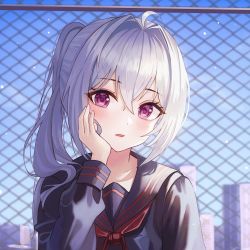 Rule 34 | 1girl, ahoge, blue shirt, blush, building, chain-link fence, fence, hair between eyes, hand on own cheek, hand on own face, highres, light particles, long hair, looking at viewer, open mouth, original, pink eyes, poise, ponytail, red stripes, school uniform, shirt, sky, virtual youtuber, white hair
