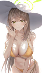 Rule 34 | 1girl, absurdres, bare arms, bare shoulders, bikini, blue archive, breasts, brown hair, churi (oxxchurixxo), cleavage, cowboy shot, green eyes, halo, halterneck, hand up, hat, highres, large breasts, long hair, looking at viewer, navel, nonomi (blue archive), nonomi (swimsuit) (blue archive), official alternate costume, open mouth, simple background, smile, solo, stomach, string bikini, sun hat, swimsuit, very long hair, white background, white hat, yellow bikini
